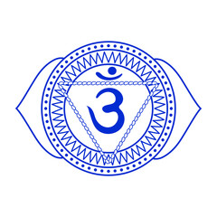 Line drawing.The sixth chakra is Ajna. Third eye chakra with Hindu Sanskrit. Blue is a flat symbol of meditation, yoga. ,illustration