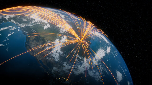 Earth in Space. Orange Lines connect Toronto, Canada with Cities across the World. Global Travel or Networking Concept.