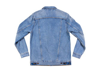 Back view - blue jeans jacket isolated on white background, denim jacket close up,