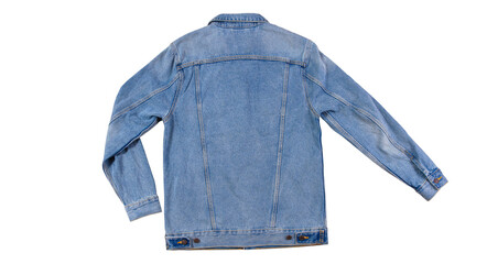 Back view - blue jeans jacket isolated on white background, denim jacket close up, - obrazy, fototapety, plakaty
