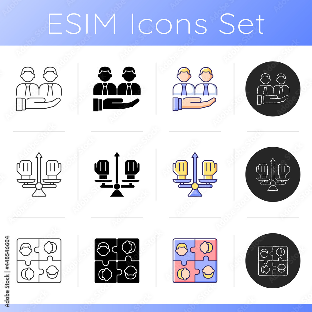 Poster working together icons set. group meetings and communication. conflict management. coworkers interac