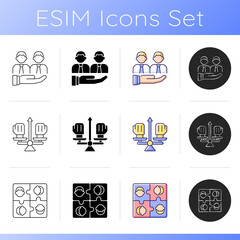 Working together icons set. Group meetings and communication. Conflict management. Coworkers interaction and cohesion. Linear, black and RGB color styles. Isolated vector illustrations