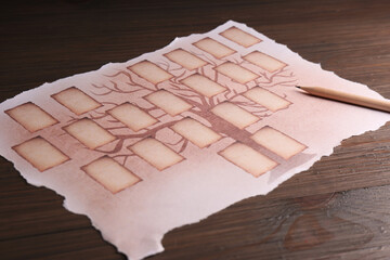 Blank family tree and pencil on wooden table