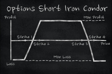 Chart of Short Iron Condor options strategy in the financial market. Chalk drawing on black slate board
