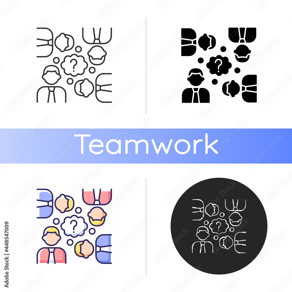 Poster collective thinking icon. people and question mark. effective business conversation. sharing ideas a