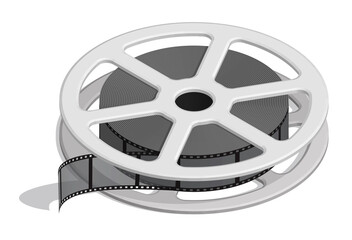 Obraz premium Isometric Reel with old 35 mm photo film. World cinema day December 28th. Realistic 3D vector isolated on white background