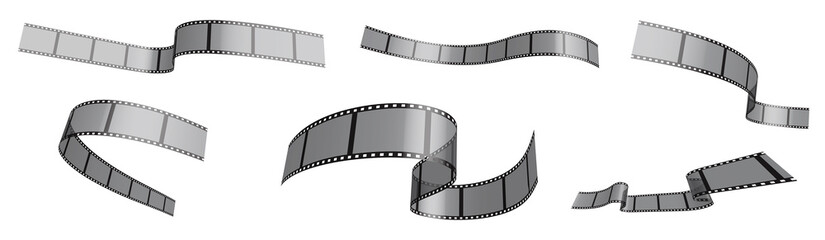 Set of photo film ribbons. Narrow strips of 35 mm tape for filming waving in wind. Separation into lower and upper layers. Design element. 3d Vector on white background - obrazy, fototapety, plakaty