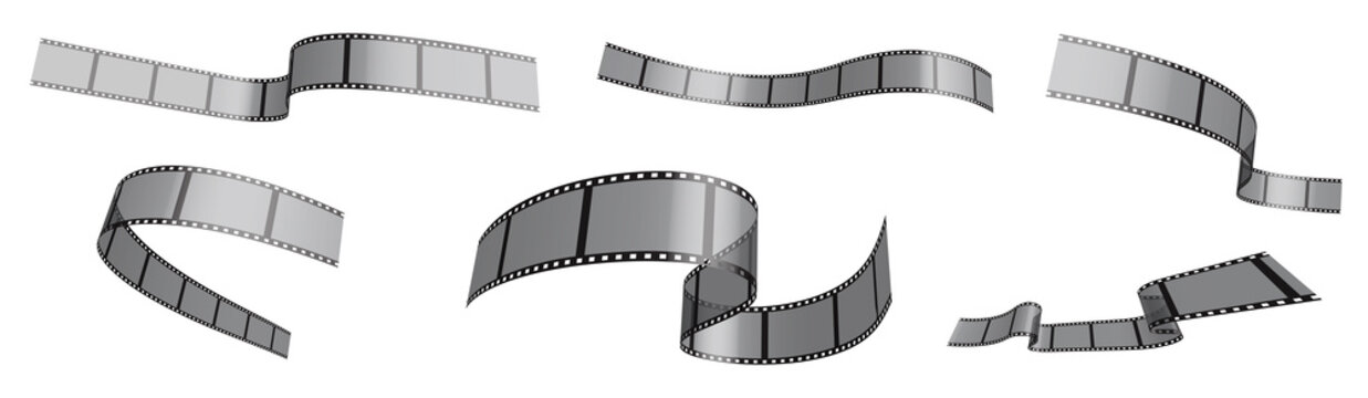 Set of photo film ribbons. Narrow strips of 35 mm tape for filming waving in wind. Separation into lower and upper layers. Design element. 3d Vector on white background