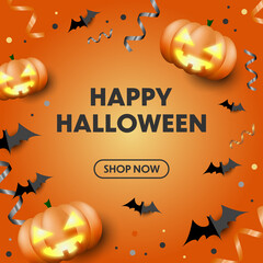 Halloween Square Poster, Flyer, Banner for Social Media or Web. Orange Background. Bats, Pumpkins and Serpentine Decorations.