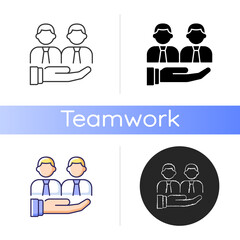 Support icon. Provide technical and customer support service. Collective help and compassion. Colleague empathy. Adaptation in team. Linear black and RGB color styles. Isolated vector illustrations
