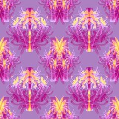 Fototapeta na wymiar Bright fantastic seamless pattern. Botanical motives. Abstract background. Curved lines, feathers, exotic plants, flowers, palms, branches.