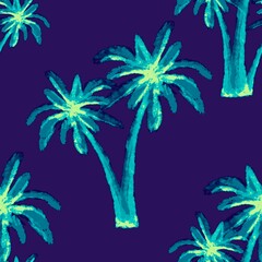 Blue palm trees. Seamless pattern. Tropical, exotic plants. Bright, cheerful pattern.