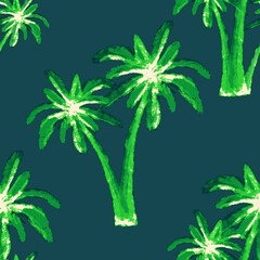 Green palm trees on a green background. Seamless pattern. Tropical, exotic plants. 