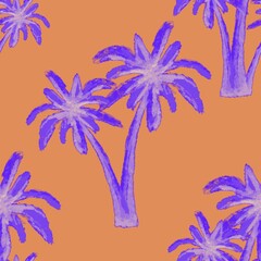 Fototapeta na wymiar Lilac, pink palm trees on a orange background. Seamless pattern. Tropical, exotic plants. Bright, cheerful pattern.