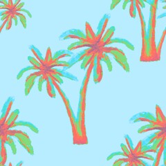 Fototapeta na wymiar Green, orange palm trees on a blue background.. Seamless pattern. Tropical, exotic plants. Bright, cheerful pattern.