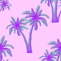 Fototapeta na wymiar Pink, purple palm trees. Seamless pattern. Tropical, exotic plants. Bright, cheerful pattern.