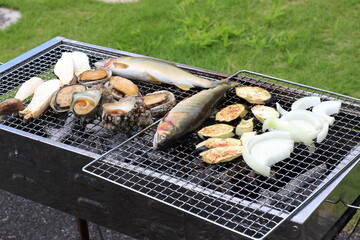 Ayu, eggplant, turban shell and abalone