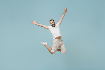 Full length young overjoyed fun joyful happy excited caucasian man 20s wear casual white t-shirt...