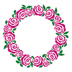 Wreath. Round frame with roses. Hand drawn floral wreaths. Vector hand drawn design element. Round border with space for text. Rose wreath. Logo template. Plant frame. Flowers frame.