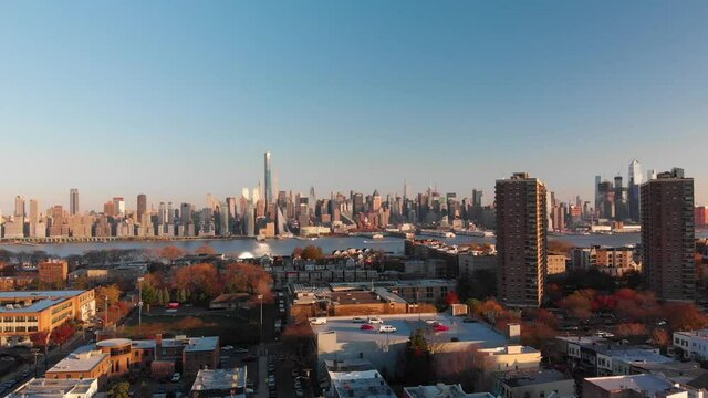 New York aerial footage. Skyscrapers and Hudson River
