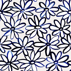 Vector hand drawn seamless floral pattern in sketch style with white and blue outlined daisies.