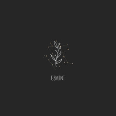 Hand drawing Gemini constellation symbol with floral branch and stars. Modern minimalist mystical astrology aesthetic illustration with zodiac signs