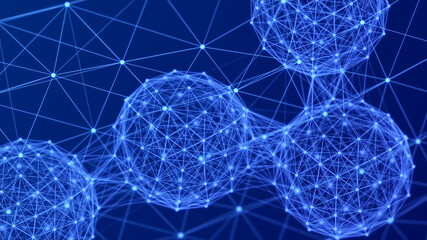 Abstract 3D illustration with cells of viruses, bacteria on dark background. Background with dots and lines. 3D