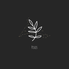 Hand drawing Pisces constellation symbol with floral branch and stars. Modern minimalist mystical astrology aesthetic illustration with zodiac signs