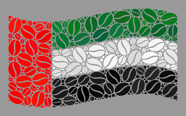 Mosaic waving United Arab Emirates flag is created with coffee grain items. Vector coffee collage waving United Arab Emirates flag done for coffee shops ads.