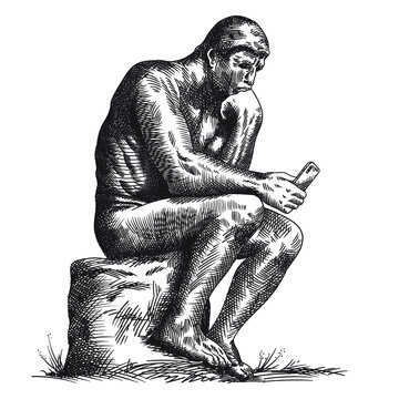 Statue of the sculptor Rodin Thinker with a smartphone in his hands.