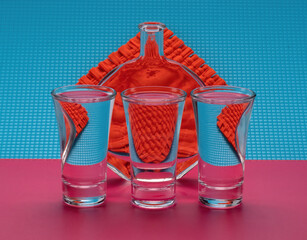A bottle, three glasses, woven coaster and some water, refraction.