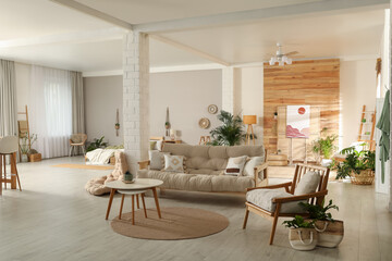 Spacious apartment interior with stylish wooden furniture. Idea for design