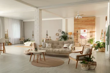 Fotobehang Boho Spacious apartment interior with stylish wooden furniture. Idea for design  © New Africa