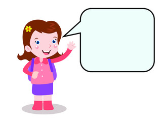 School girl with empty speech bubble for copy space cartoon 2d cute vector concept for banner, website, illustration, landing page, flyer, etc.
