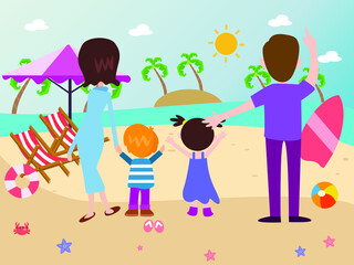 Happy family of four at beach 2d cartoon vector concept for banner, website, illustration, landing page, flyer, etc.
