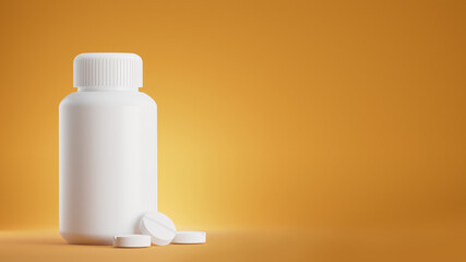 3D rendering of a white plastic pill bottle with pills on a yellow background