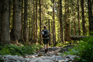 Junger Mann wandert bei sch&ouml;nem Wetter in den Bergen im Wald in &Ouml;sterreich Steiermark