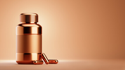 3D rendering of a bronze pill bottle with capsules on a bronze background