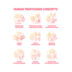 Human trafficking red concept icon set. Human smuggling idea thin line color illustrations. Forced labour and coercion. Mental trauma after abduction. Vector isolated outline drawings