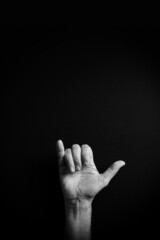 B&W image of hand demonstrating ASL sign language letter Y with empty copy space
