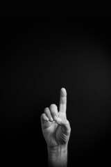 B&W image of hand demonstrating ASL sign language letter D with empty copy space