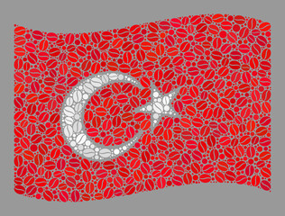 Mosaic waving Turkey flag is created of cocoa seed items. Vector coffee mosaic waving Turkey flag constructed for coffee delivery advertisement.