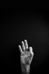 Fototapeta premium B&W image of hand demonstrating ASL sign language letter F with empty copy space
