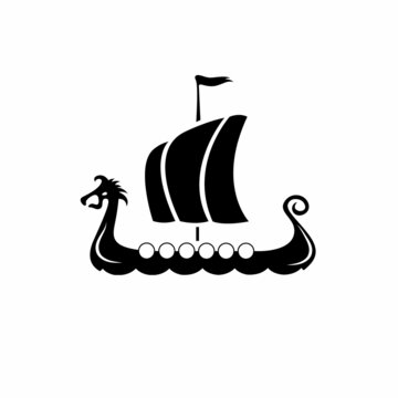 Drakkar vikings logo vector illustration. Viking transport warship. Design template. Isolated on white background. Northerners ship boat scandinavia black logo icon