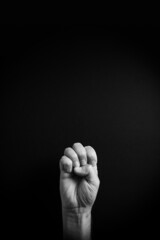B&W image of hand demonstrating ASL sign language letter E with empty copy space