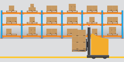 Interior of modern logistic warehouse. AGV Automated Guided Vehicles forklift trucks carrying pallet of goods. Vector and illustration design.