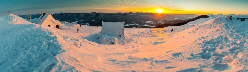 Chatka Puchatka shelter on the top of Polonina Wetlinska in winter, Bieszczady mountains,...
