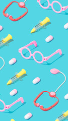 Minimal composition pattern with medical equipment on bright pastel blue. Stylish health care background.