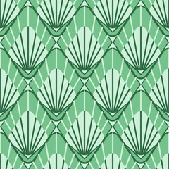 Seamless vector pattern with geometrical repeat glowing leaf on green background. Simple calm home decor wallpaper design. Decorative abstract fashion textile.