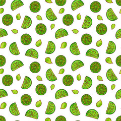 Seamless pattern of lime slices and leaves on a white background. The illustration is drawn in watercolor by hand.
